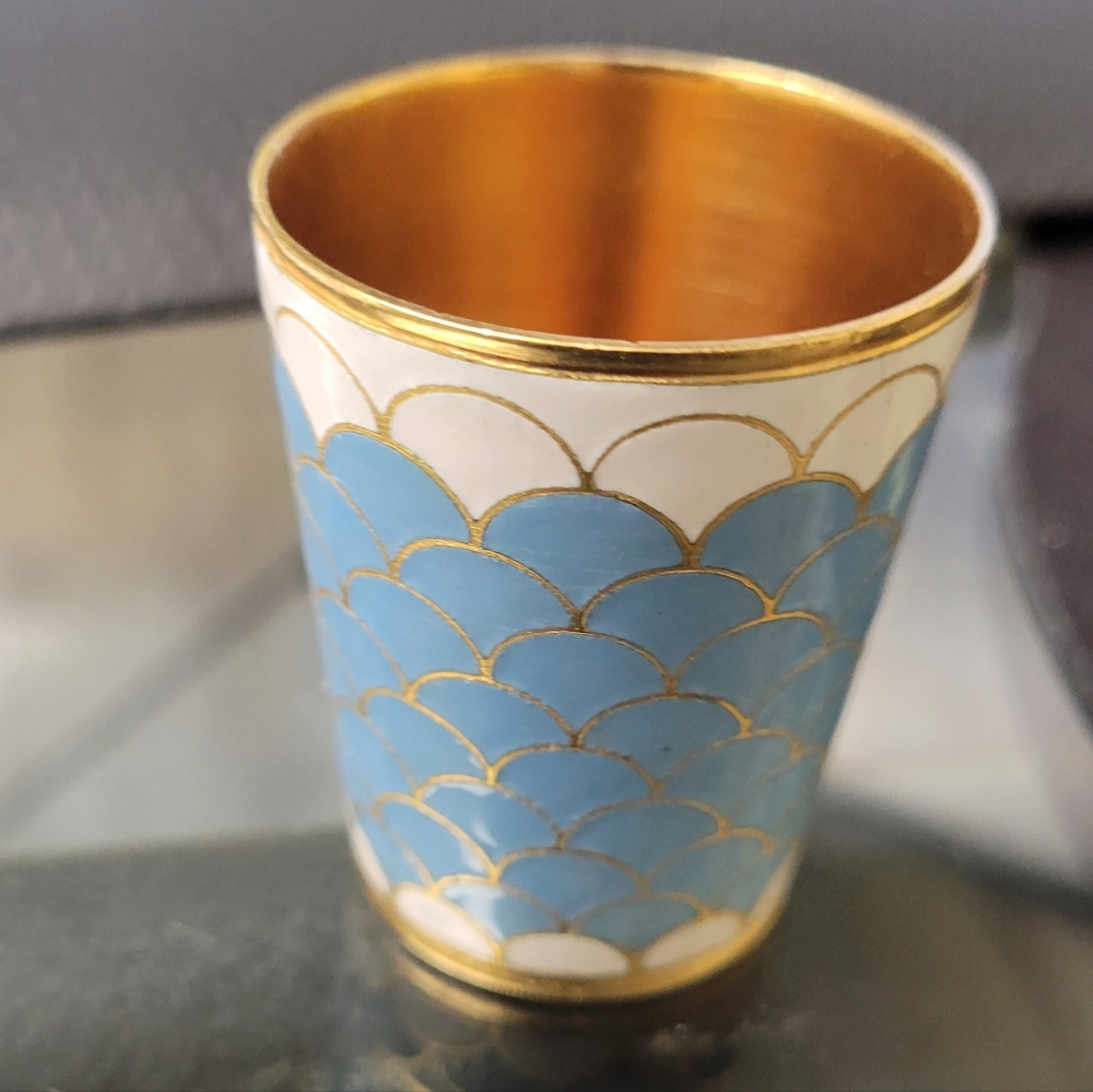 Russian Brass Cloisonne Blue And White Shot Glass